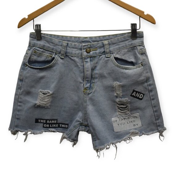 High Rise Shorts M Womens Denim Light Wash Distressed Cutoff Patchwork - Picture 1 of 7